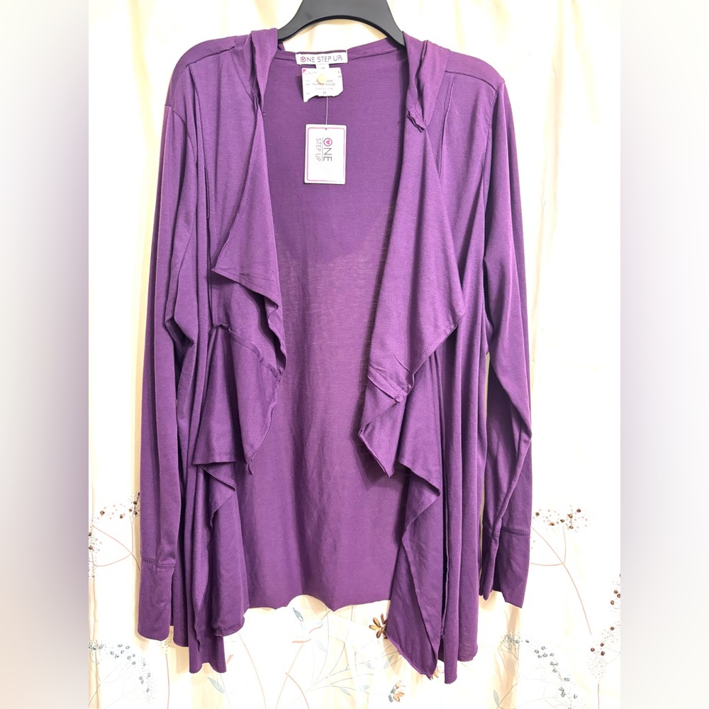 One Step Up Hoodie Cardigan Open-Front Layered Ruffle Waterfall Design Purple 3X - Picture 2 of 6